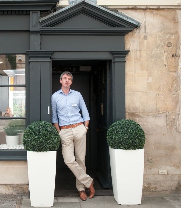 Boxwood Balls in White Cubico Planters Entrance doorway