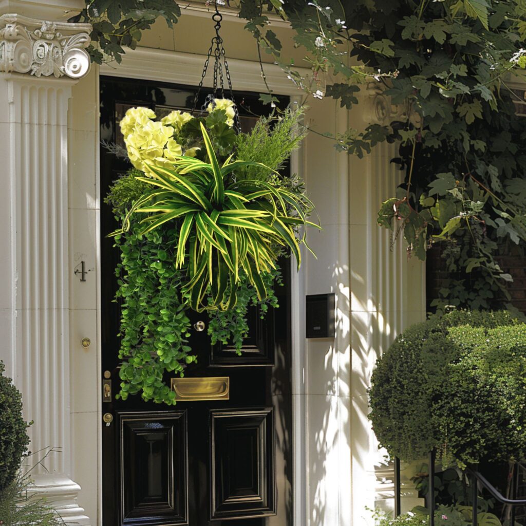 artificial hanging basket in entrance