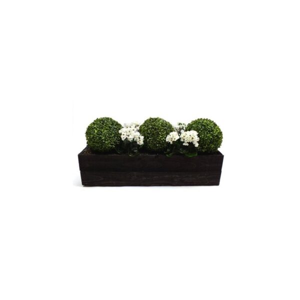 Artificial Geranium and Buxus Ball Trough-White-Natural