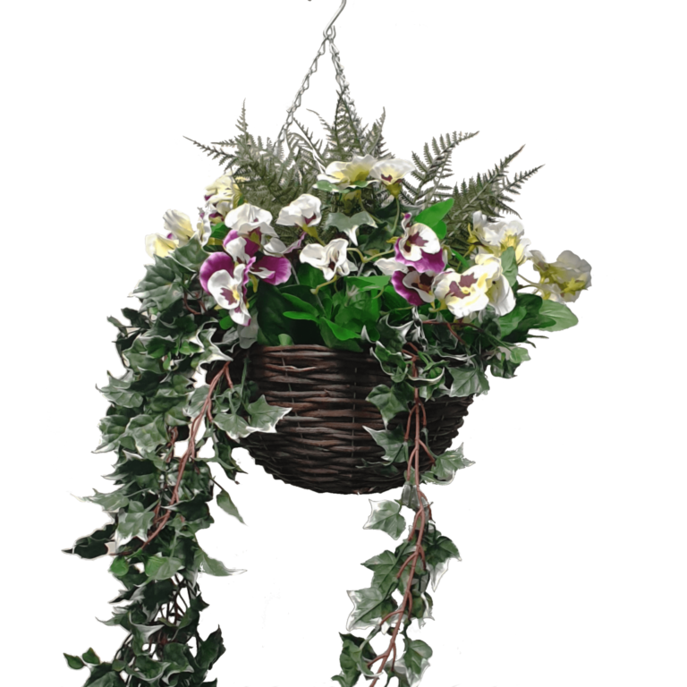 Artificial Pansy and Fern Hanging Basket-Variegated Purple