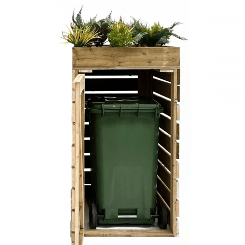 Evergreen Wheelie Bin Store with Rustic Flower Box Top - Hedge