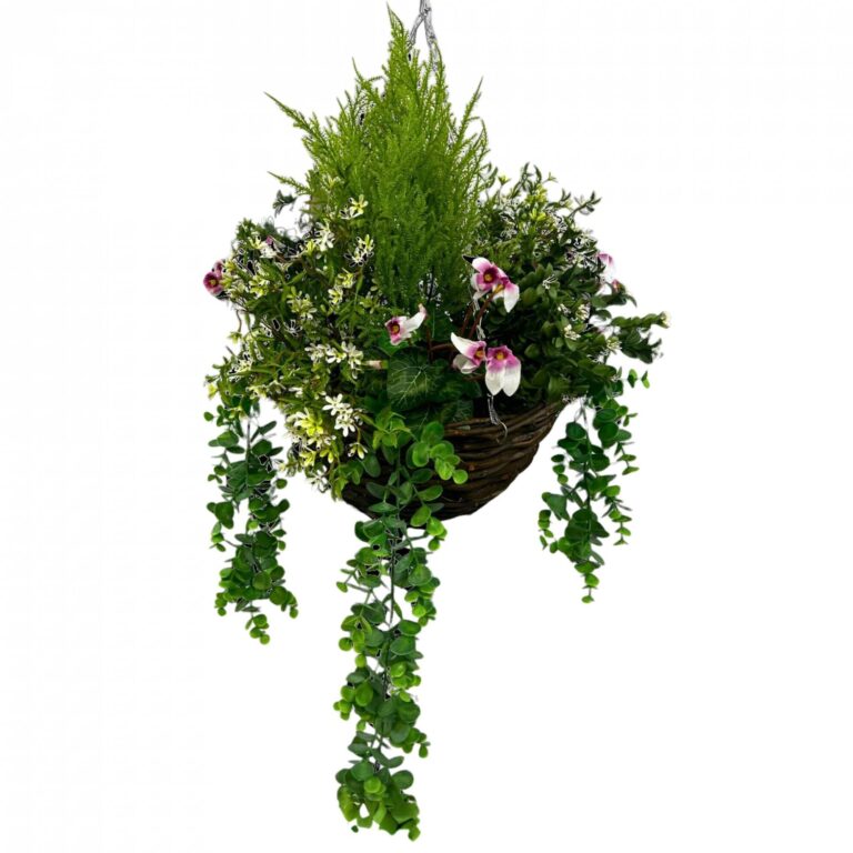 Artificial Conifer & Cyclamen Hanging Basket | Evergreen Direct