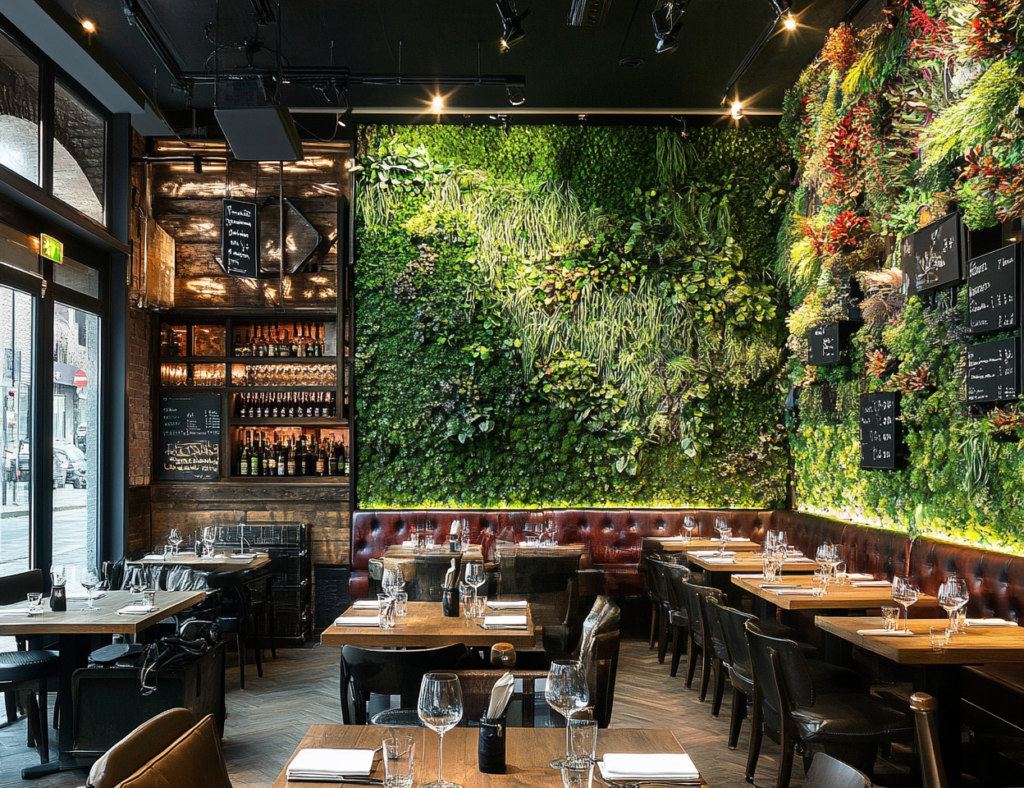 artificial plants and green wall in a restaurant