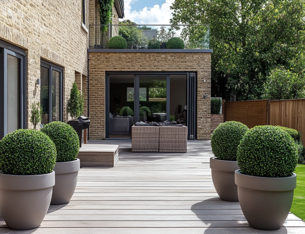 artificial topairy plants on decking