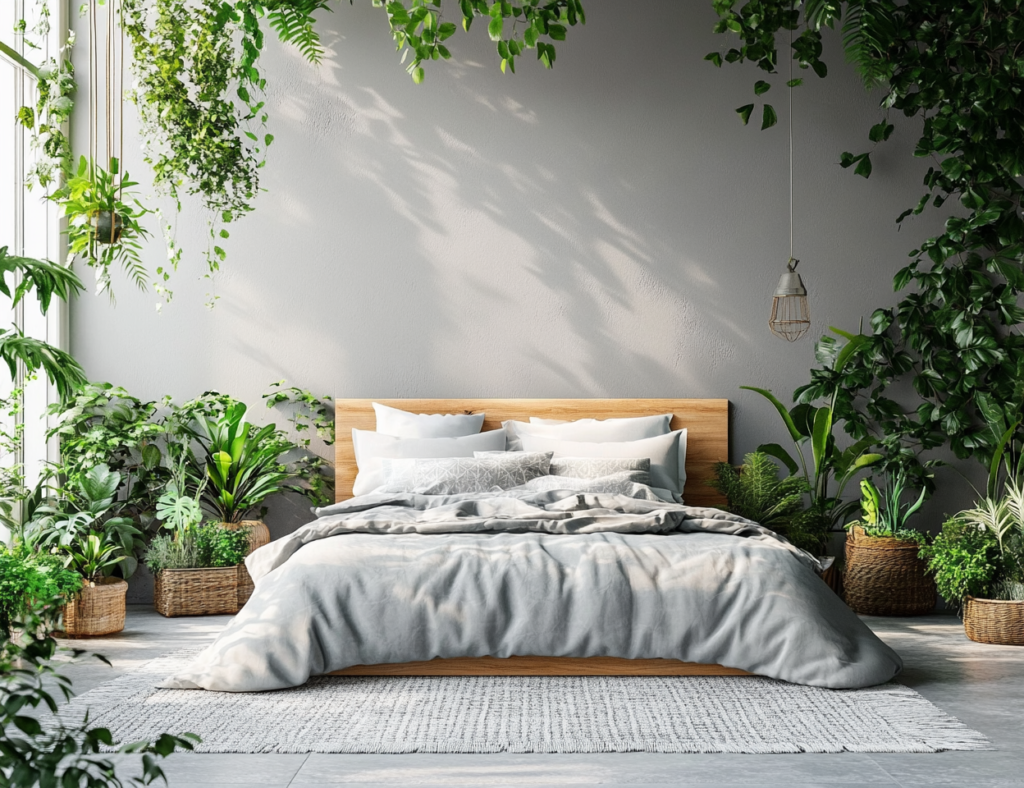 artificial trees and planting in bedroom