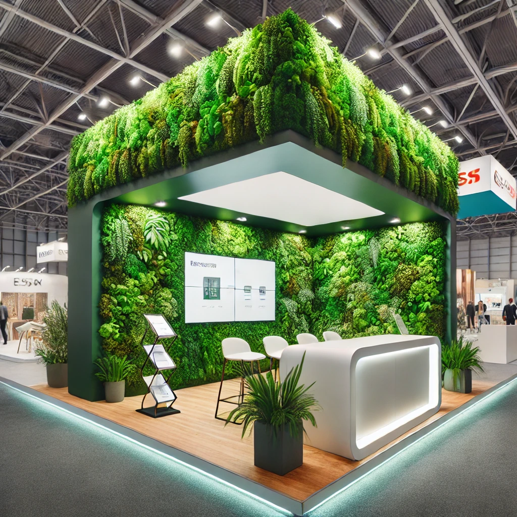 DALL·E 2025 02 04 11.56.11 A modern exhibition stand featuring an artificial green wall. The stand has a sleek contemporary design with lush vibrant greenery covering one side